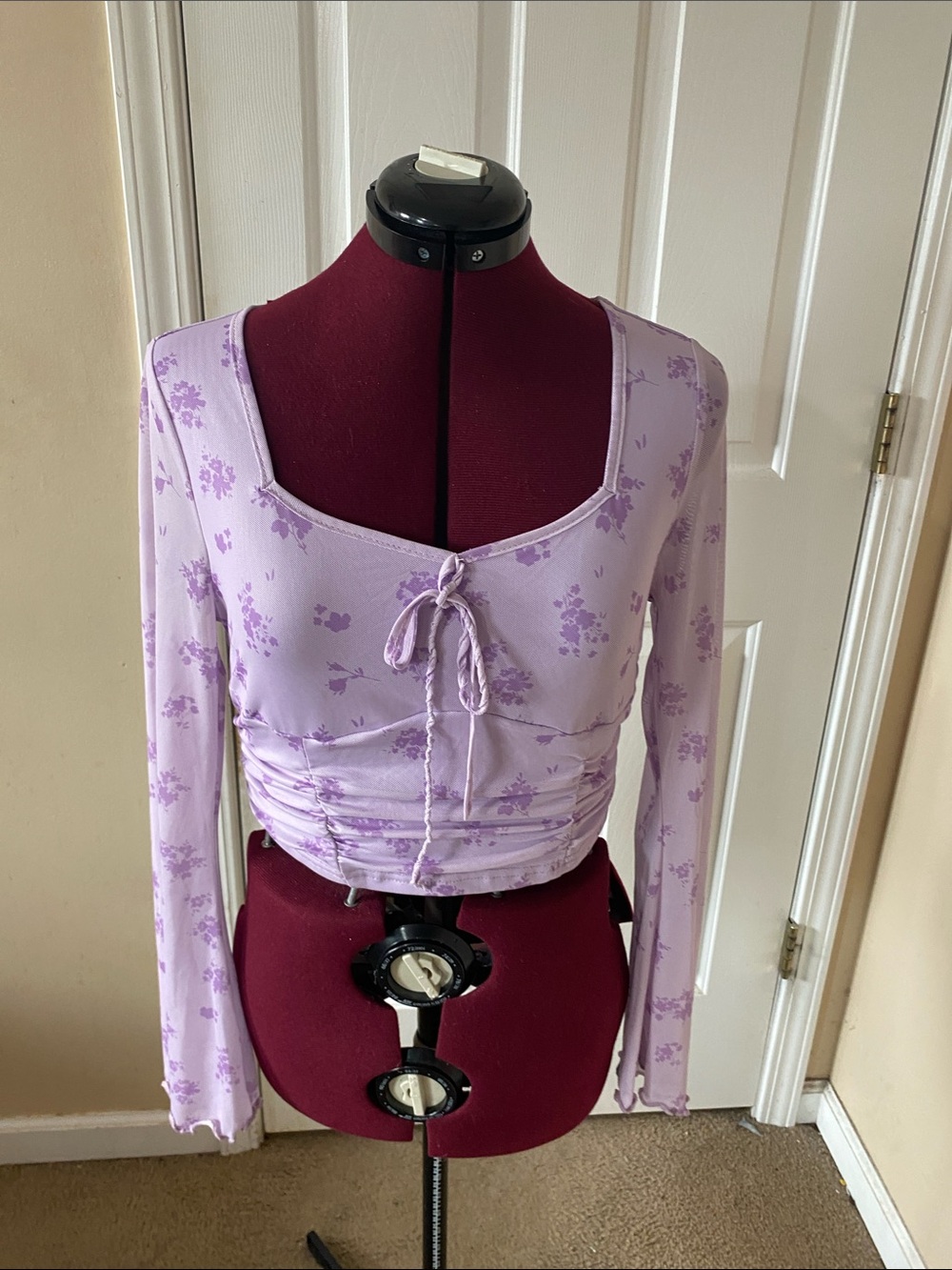 Lavender Floral Tie-Front Long Sleeve Crop Top